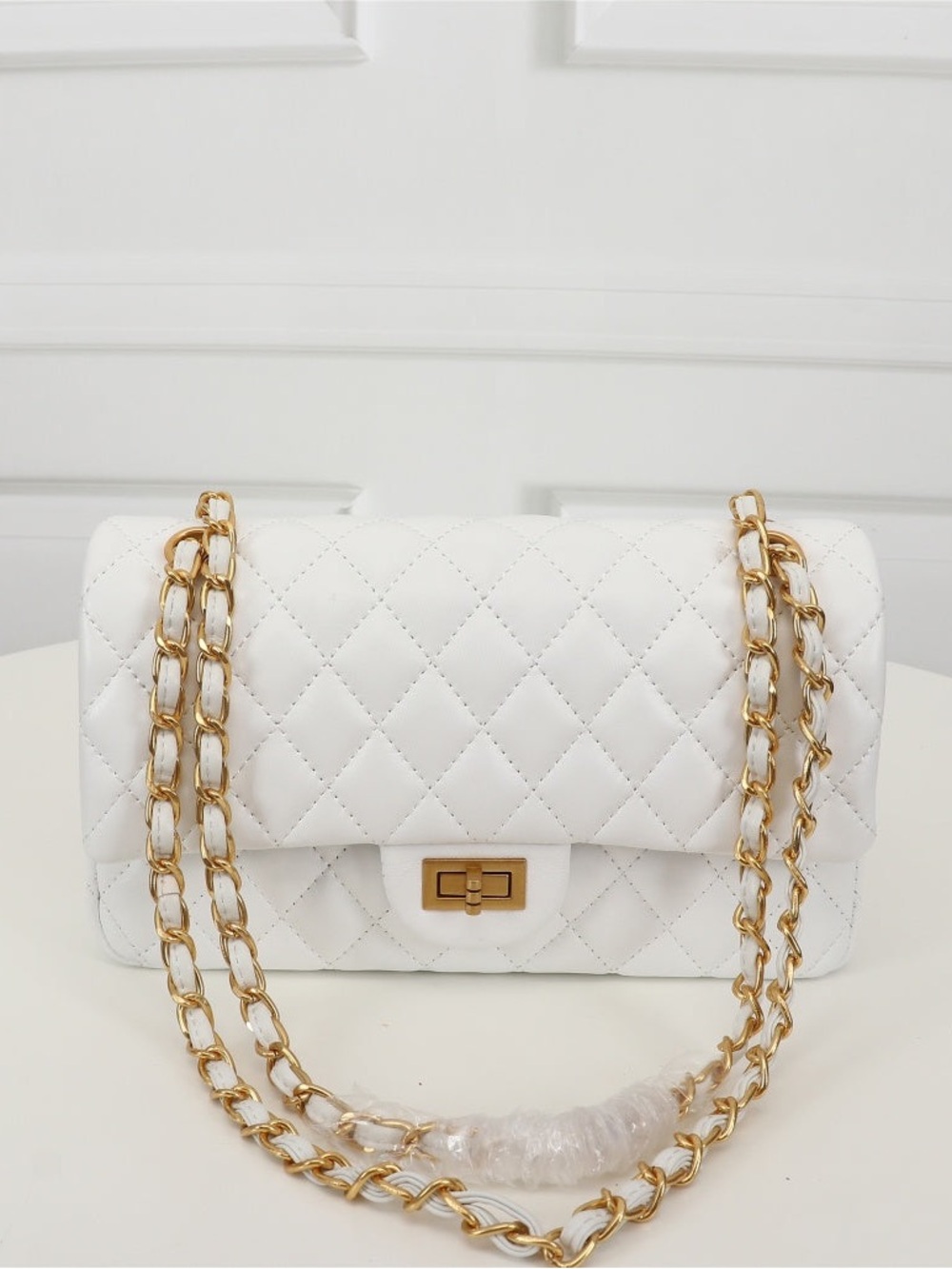 White Quilted Shoulder Bag with Gold Chain Strap